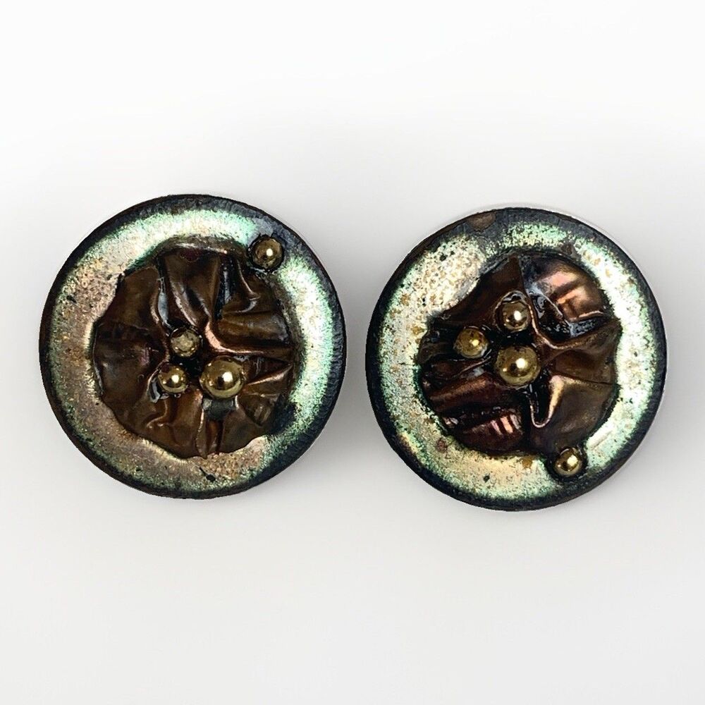 Vintage Brutalist Earrings Mixed Metal Abstract Artisan Modernist Round Post